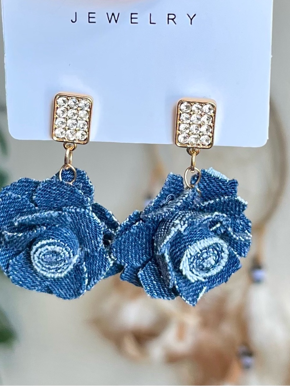 Unbranded Denim Rose Drop Earrings - Blue
